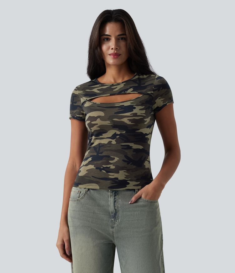 Round Neck Short Sleeve Cut Out Camo Casual T-Shirt