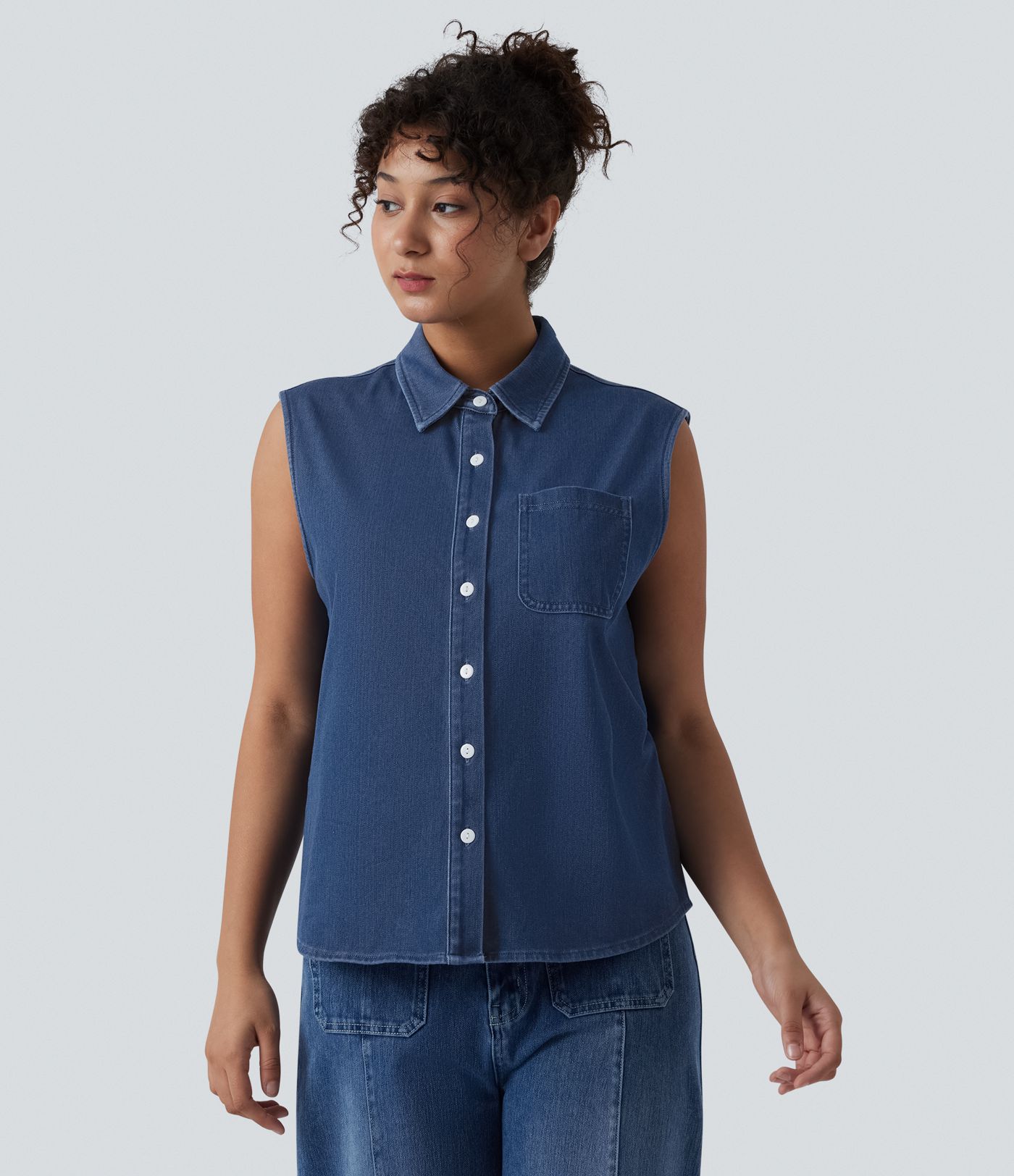 Halara Flex™ Sleeveless Denim Casual Shirt with Pocket Halara Flex™ Sleeveless Denim Casual Shirt with Pocket