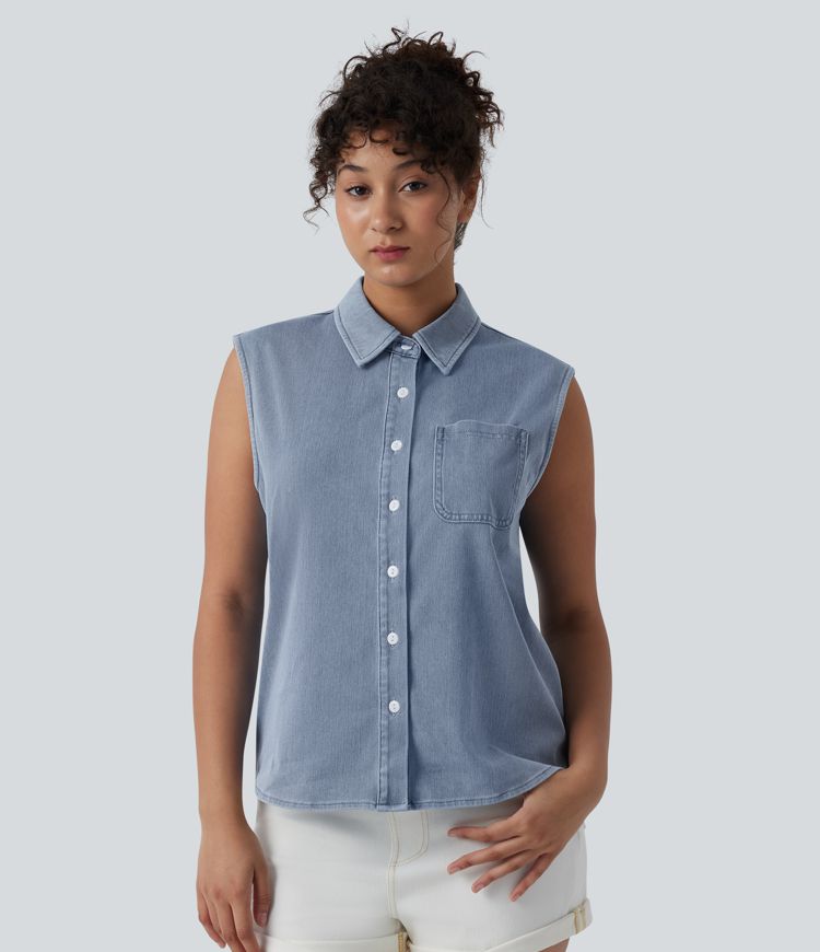 Halara Flex™ Sleeveless Denim Casual Shirt with Pocket