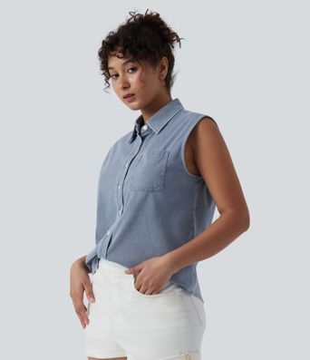 Halara Flex™ Sleeveless Denim Casual Shirt with Pocket