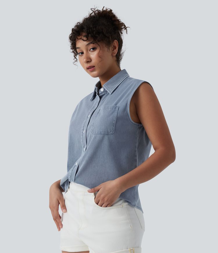 Halara Flex™ Sleeveless Denim Casual Shirt with Pocket