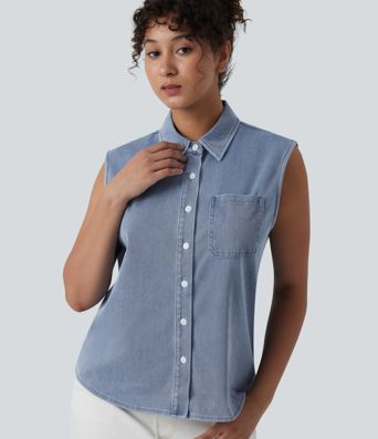 Halara Flex™ Sleeveless Denim Casual Shirt with Pocket