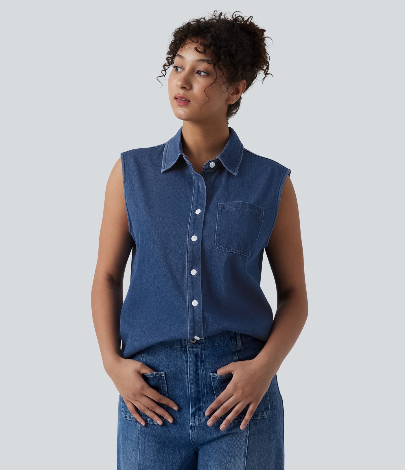 Halara Flex™ Sleeveless Denim Casual Shirt with Pocket Halara Flex™ Sleeveless Denim Casual Shirt with Pocket