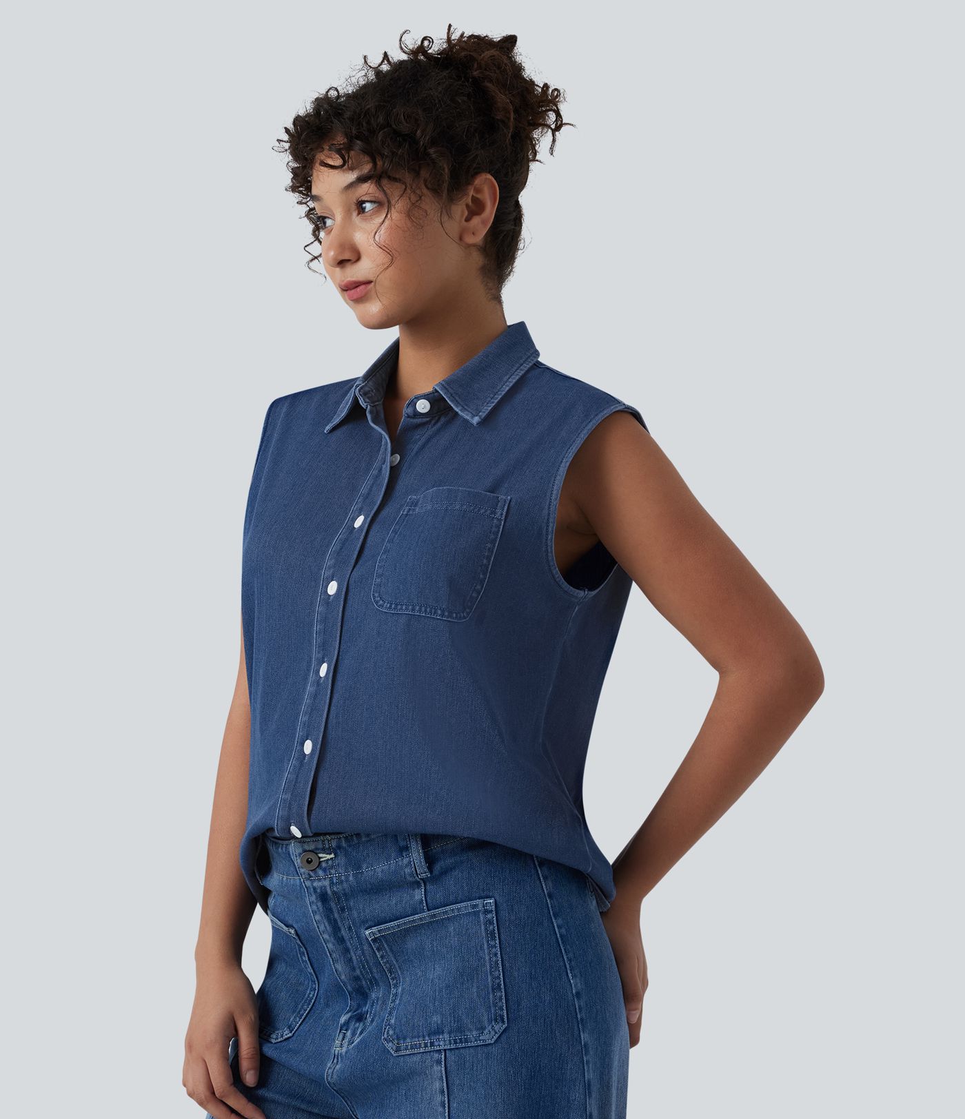 Halara Flex™ Sleeveless Denim Casual Shirt with Pocket Halara Flex™ Sleeveless Denim Casual Shirt with Pocket