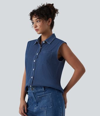 Halara Flex™ Sleeveless Denim Casual Shirt with Pocket Halara Flex™ Sleeveless Denim Casual Shirt with Pocket