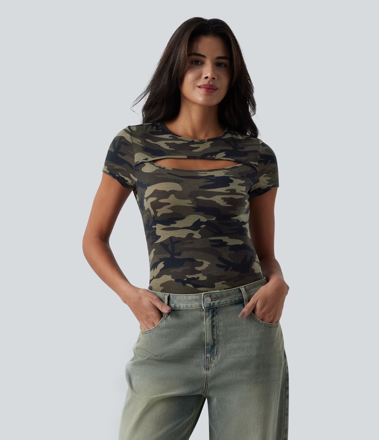 Round Neck Short Sleeve Cut Out Camo Casual T-Shirt