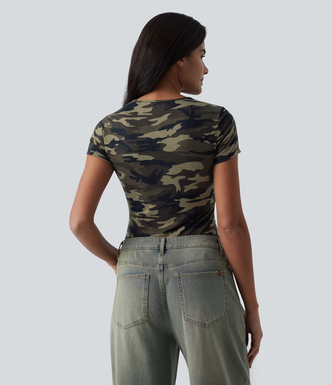Round Neck Short Sleeve Cut Out Camo Casual T-Shirt