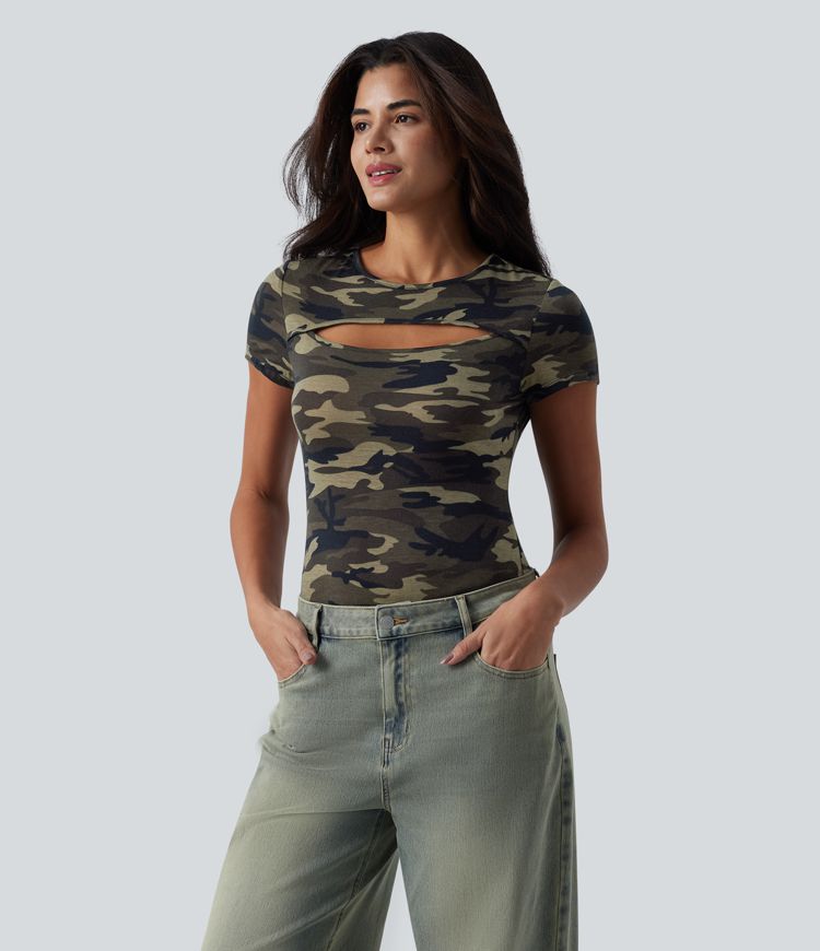 Round Neck Short Sleeve Cut Out Camo Casual T-Shirt