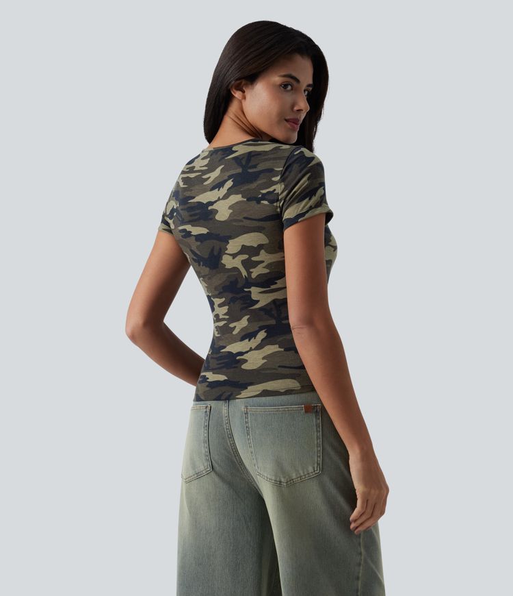 Round Neck Short Sleeve Cut Out Camo Casual T-Shirt