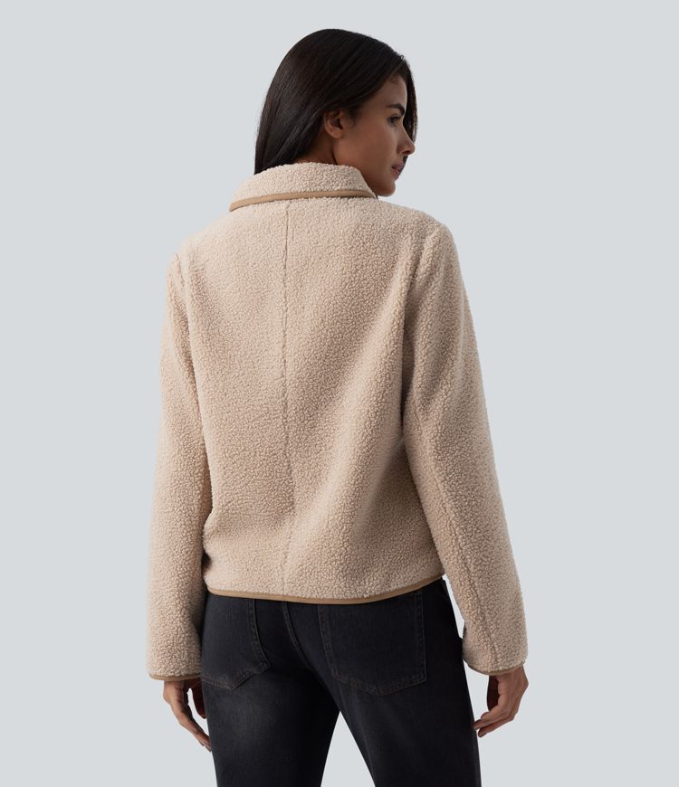 Collar Long Sleeve Casual Sherpa Jacket with Pockets