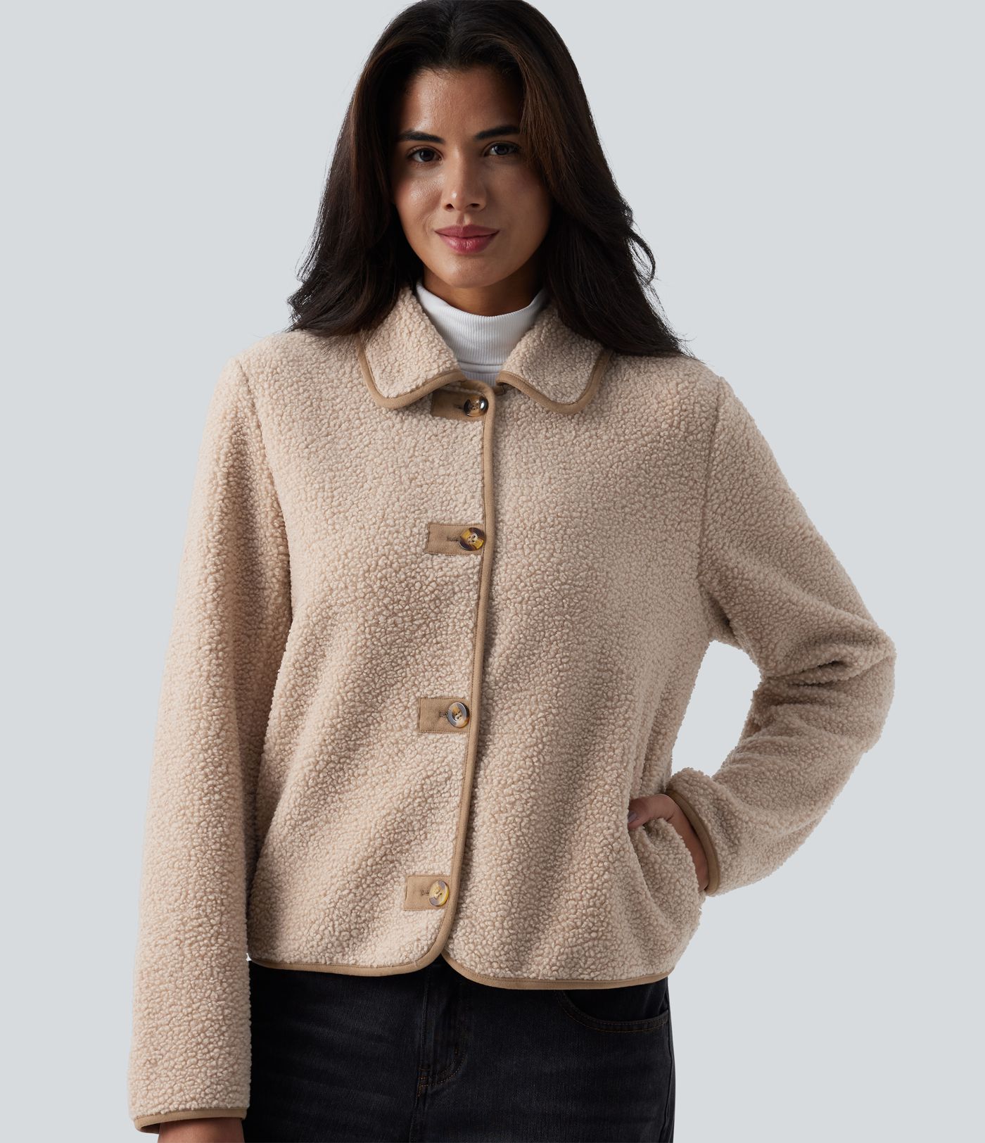 Collar Long Sleeve Casual Sherpa Jacket with Pockets