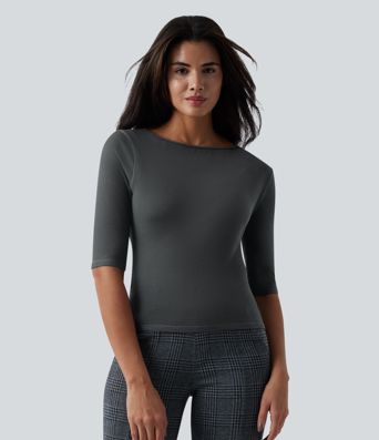 Ribbed Knit Scoop Neck Half Sleeve Work Wool-Blend Top