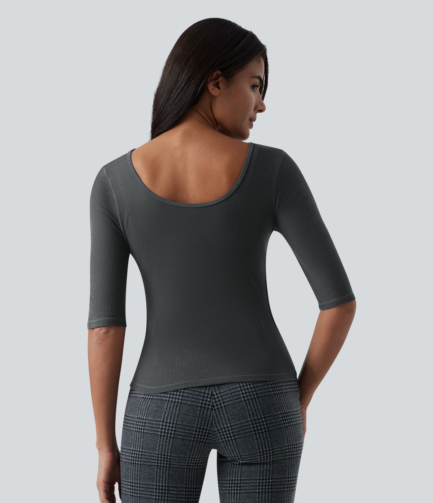 Ribbed Knit Scoop Neck Half Sleeve Work Wool-Blend Top