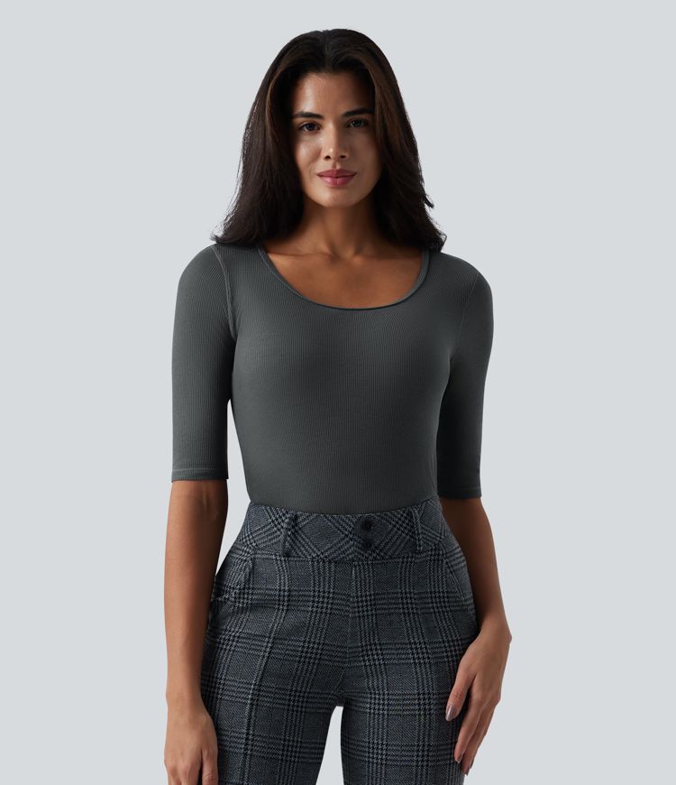 Ribbed Knit Scoop Neck Half Sleeve Work Wool-Blend Top
