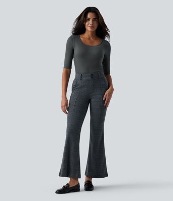 Ribbed Knit Scoop Neck Half Sleeve Work Wool-Blend Top