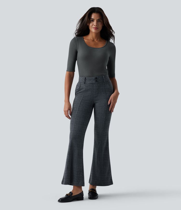 Ribbed Knit Scoop Neck Half Sleeve Work Wool-Blend Top