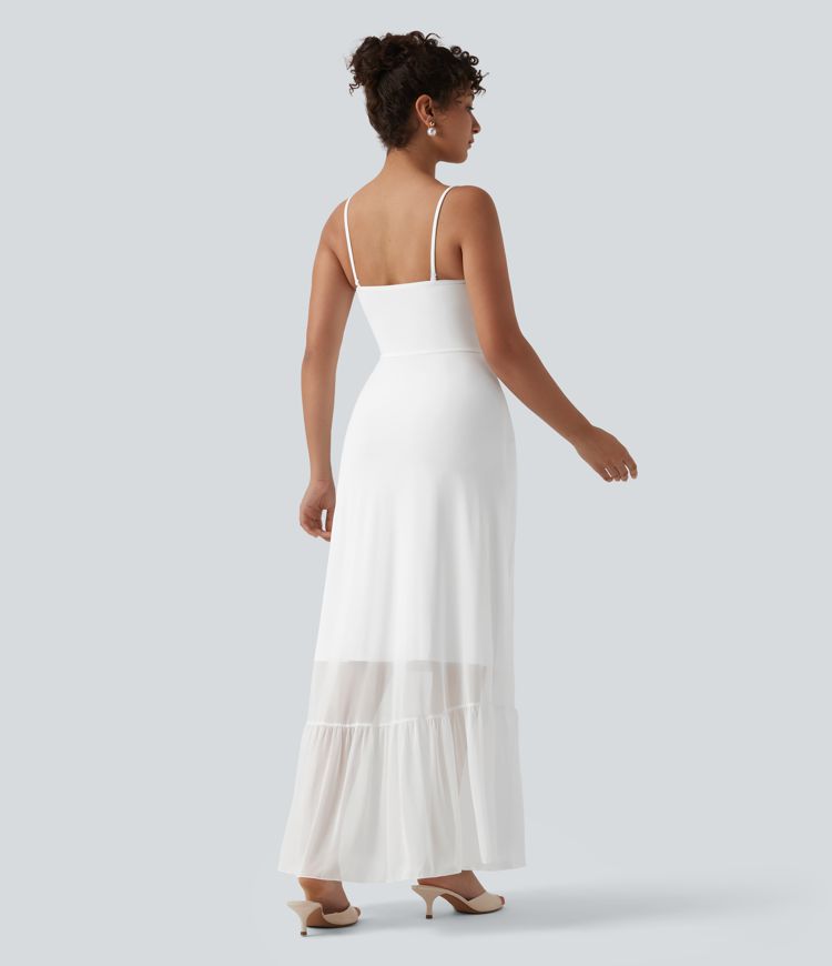 Non-Removable Pad Contrast Mesh Ruffle Hem Flowy Maxi Slip Dress