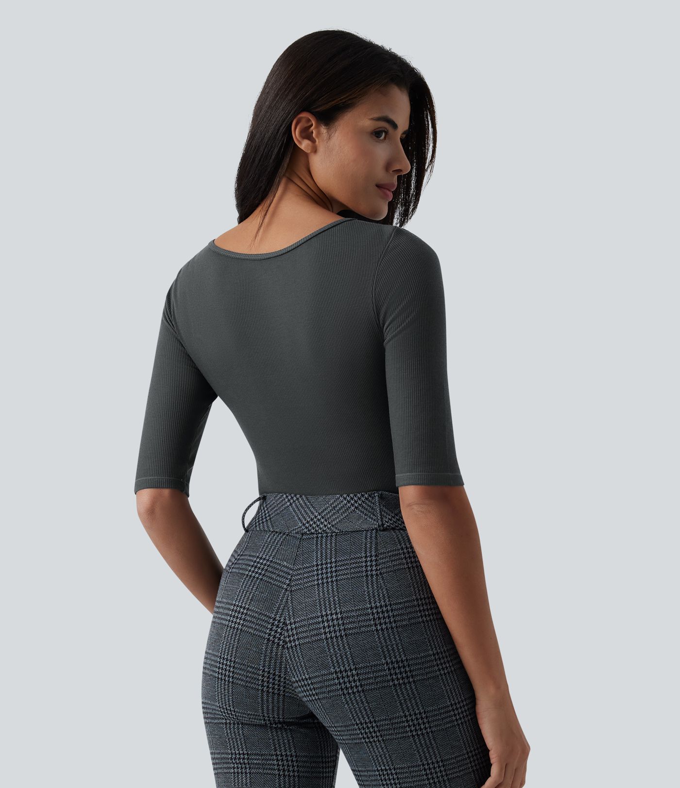 Ribbed Knit Scoop Neck Half Sleeve Work Wool-Blend Top