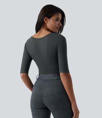 Ribbed Knit Scoop Neck Half Sleeve Work Wool-Blend Top