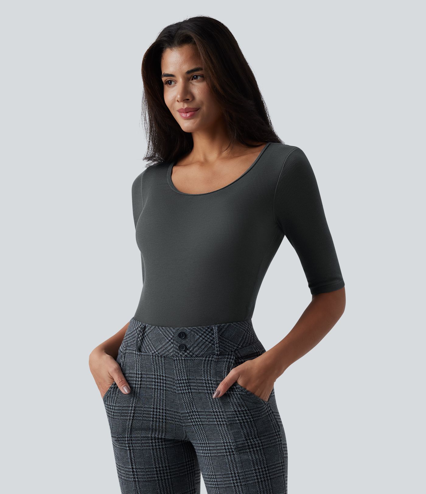 Ribbed Knit Scoop Neck Half Sleeve Work Wool-Blend Top
