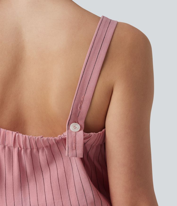 Ärmelloser Jumpsuit in Leinenoptik mit eckigem Ausschnitt, Seitentaschen, verstellbaren Trägern, Gürtel und Streifen - Easy Peezy