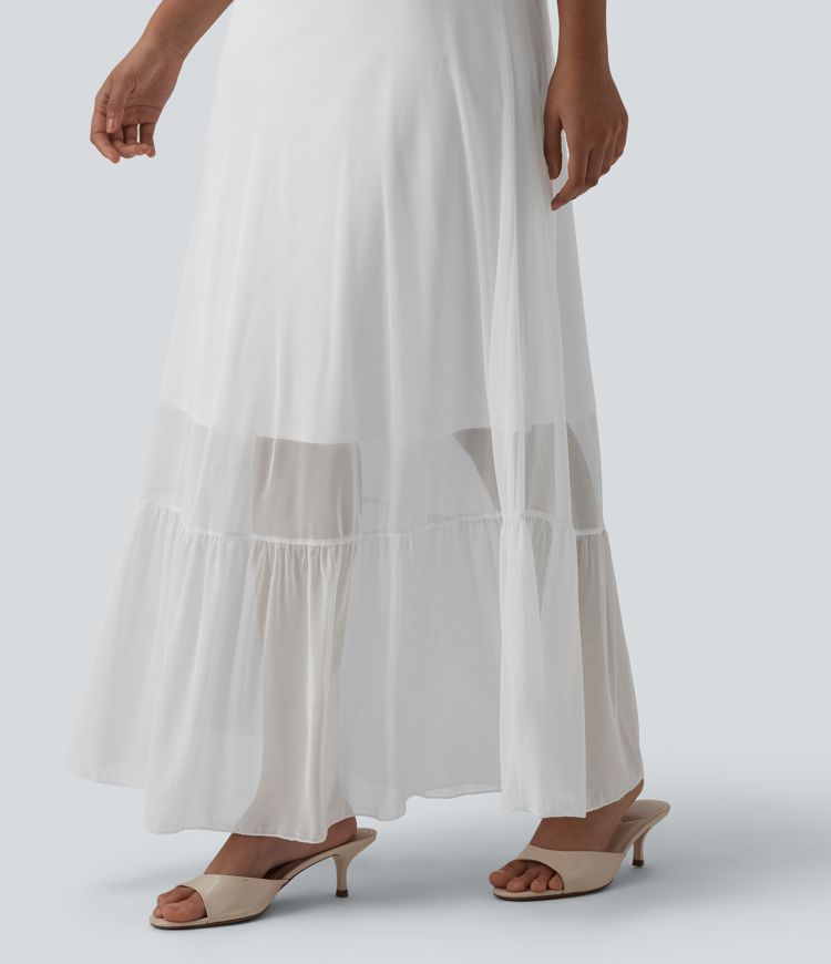 Non-Removable Pad Contrast Mesh Ruffle Hem Flowy Maxi Slip Dress