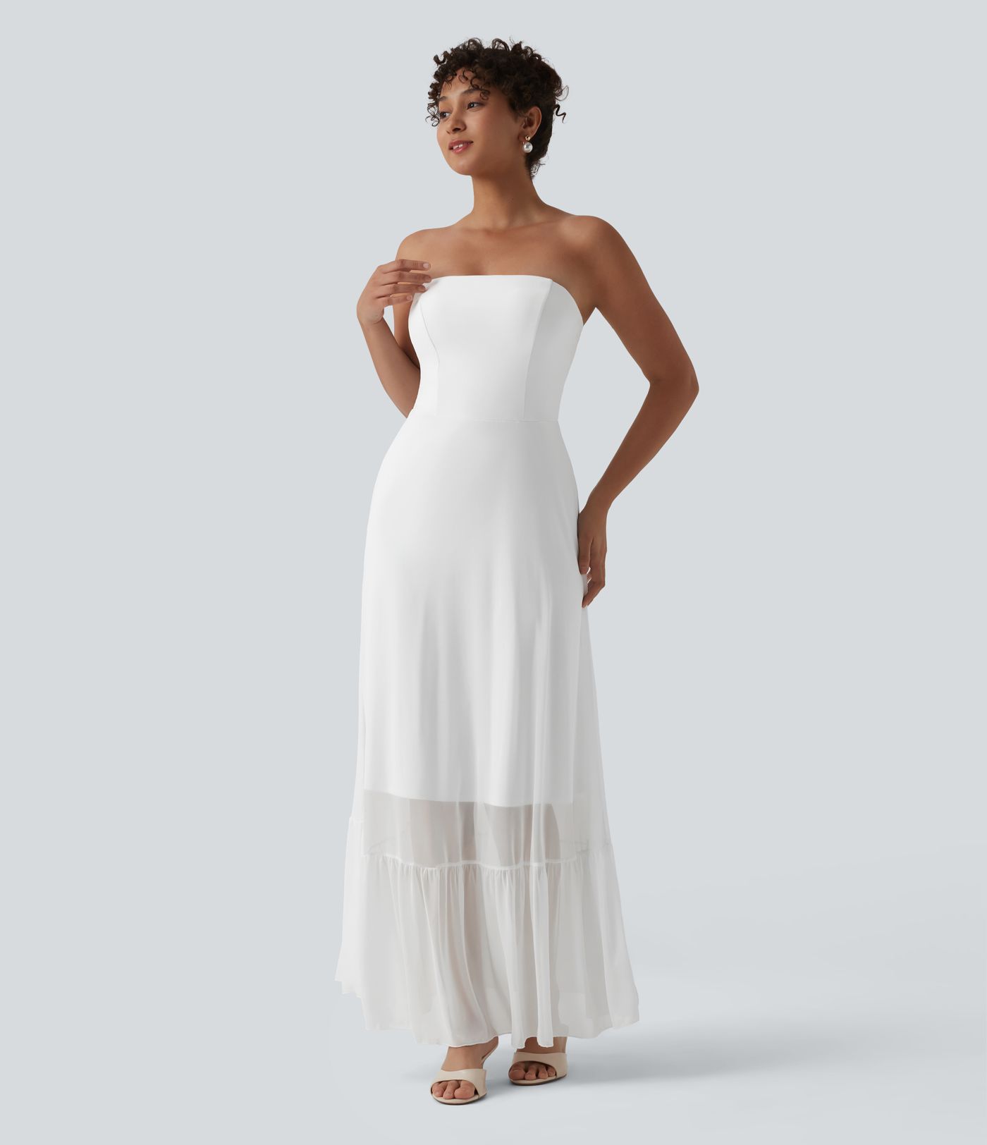 Non-Removable Pad Contrast Mesh Ruffle Hem Flowy Maxi Slip Dress
