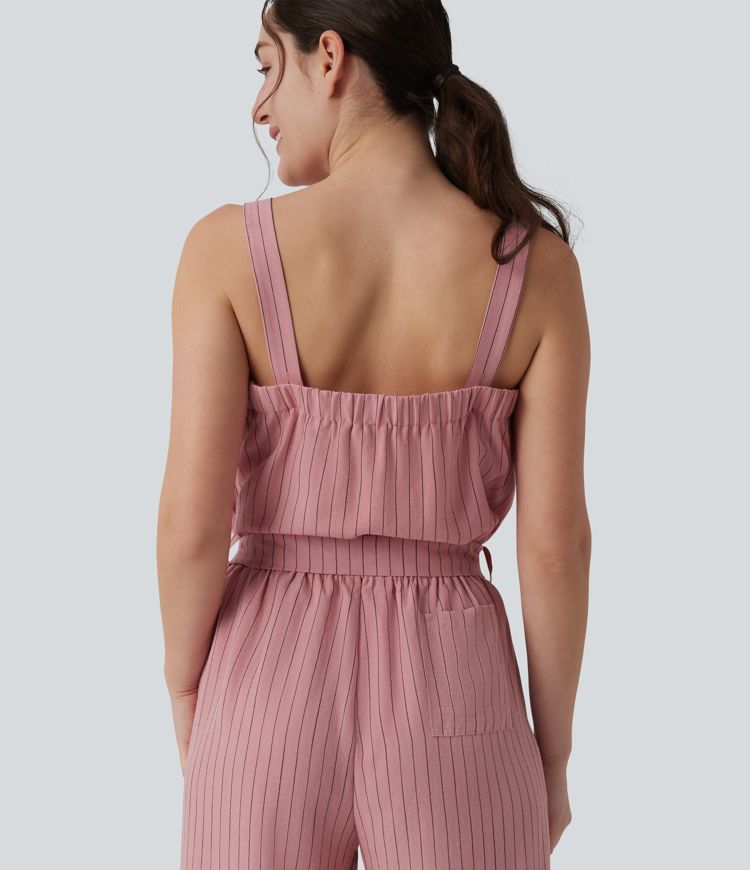 Ärmelloser Jumpsuit in Leinenoptik mit eckigem Ausschnitt, Seitentaschen, verstellbaren Trägern, Gürtel und Streifen - Easy Peezy