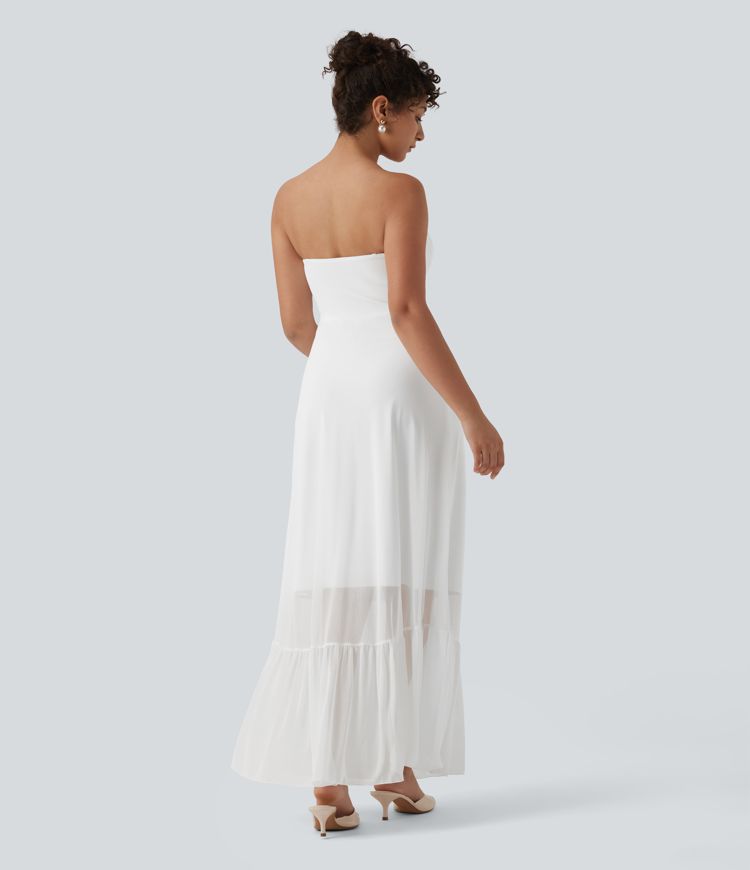 Non-Removable Pad Contrast Mesh Ruffle Hem Flowy Maxi Slip Dress