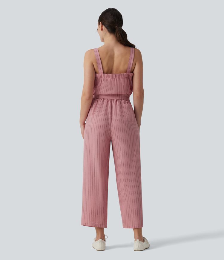 Ärmelloser Jumpsuit in Leinenoptik mit eckigem Ausschnitt, Seitentaschen, verstellbaren Trägern, Gürtel und Streifen - Easy Peezy