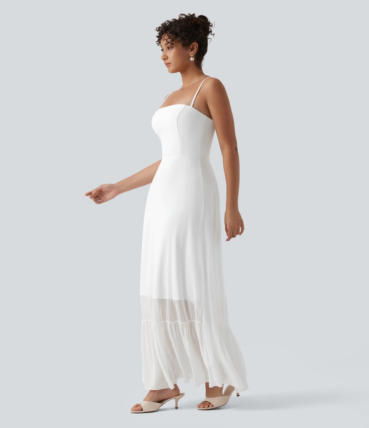 Non-Removable Pad Contrast Mesh Ruffle Hem Flowy Maxi Slip Dress