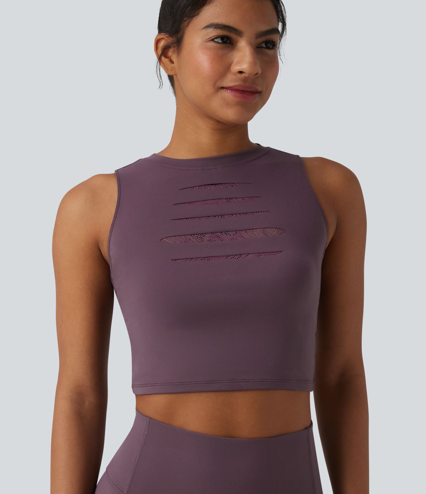 SoftlyZero™ - Geripptes Yoga-Tanktop mit Rundhalsausschnitt und Kontrastspitze - UPF50+