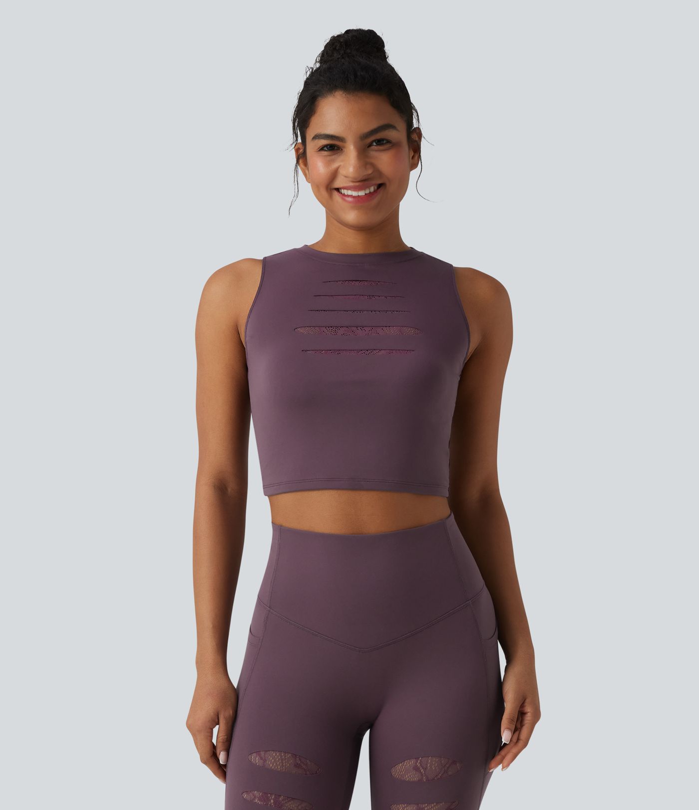 SoftlyZero™ - Geripptes Yoga-Tanktop mit Rundhalsausschnitt und Kontrastspitze - UPF50+