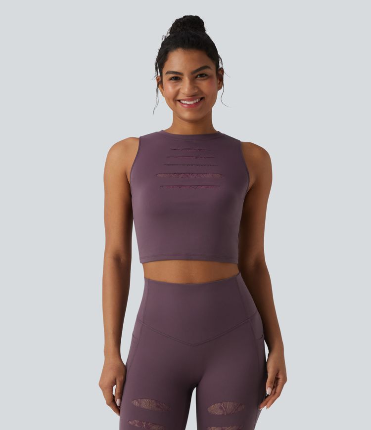 SoftlyZero™ - Geripptes Yoga-Tanktop mit Rundhalsausschnitt und Kontrastspitze - UPF50+