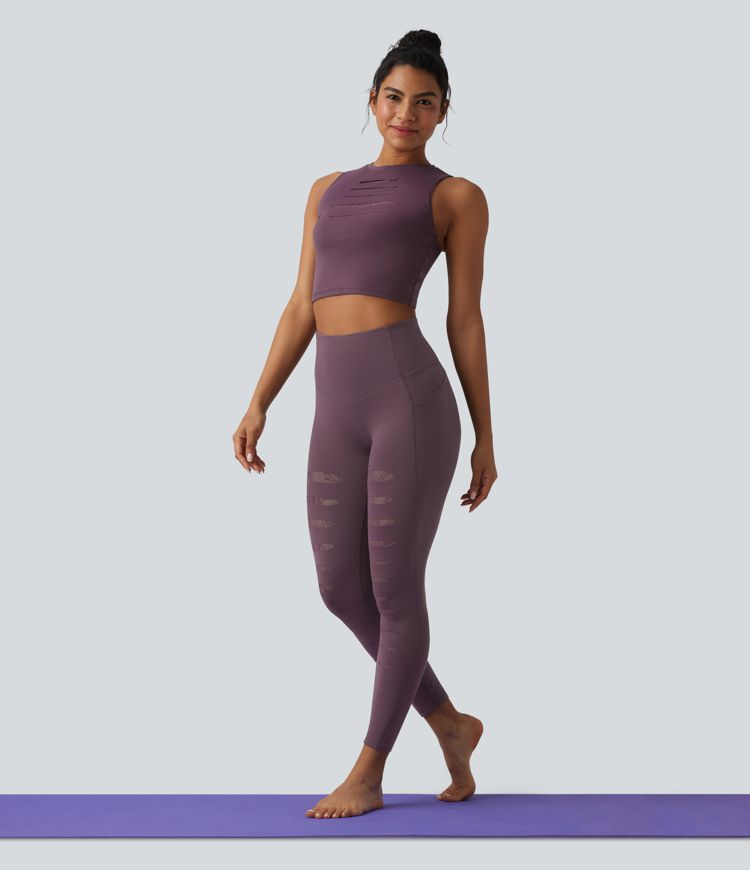 Softlyzero™ High Waisted Contrast Lace Workout Leggings with Pockets-UPF50+