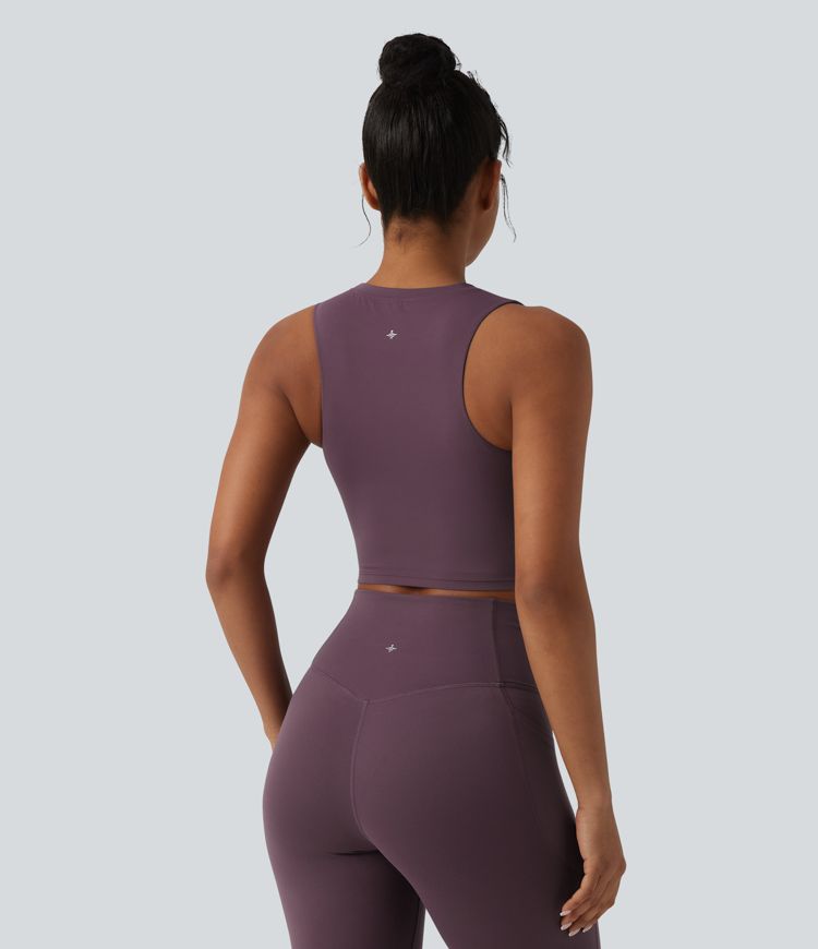 SoftlyZero™ - Geripptes Yoga-Tanktop mit Rundhalsausschnitt und Kontrastspitze - UPF50+