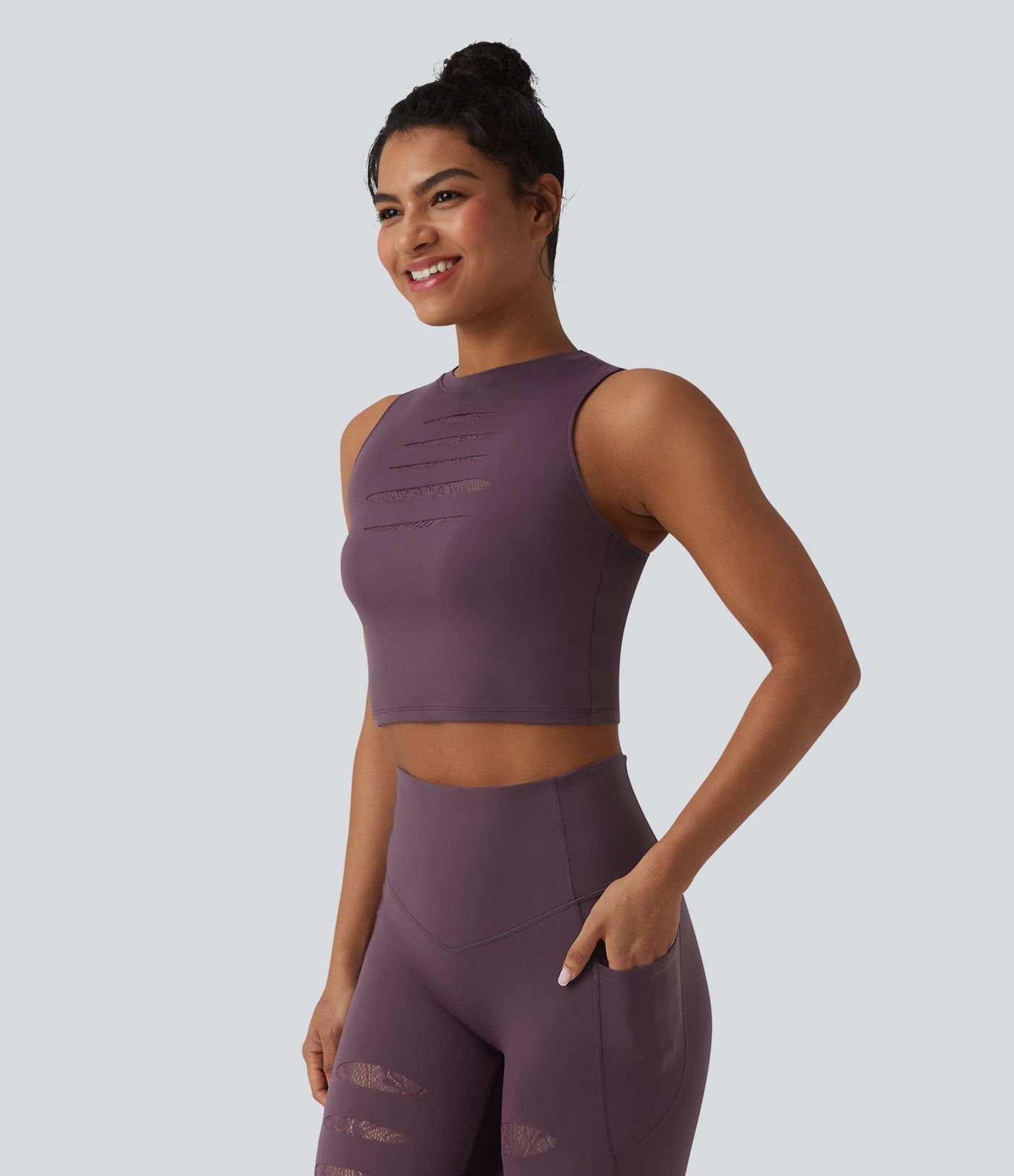 SoftlyZero™ - Geripptes Yoga-Tanktop mit Rundhalsausschnitt und Kontrastspitze - UPF50+