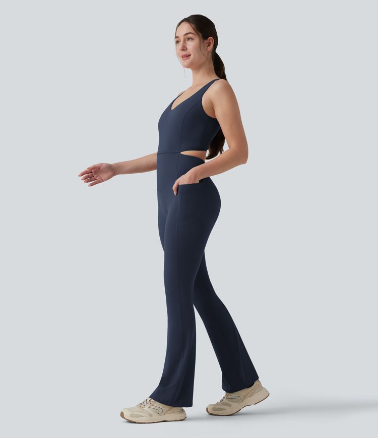Halara UltraSculpt™ Crisscross Backless Tummy Control Butt Lifting Scrunch Non-Removable Pad Workout Flare Jumpsuit with Pockets-Easy Peezy