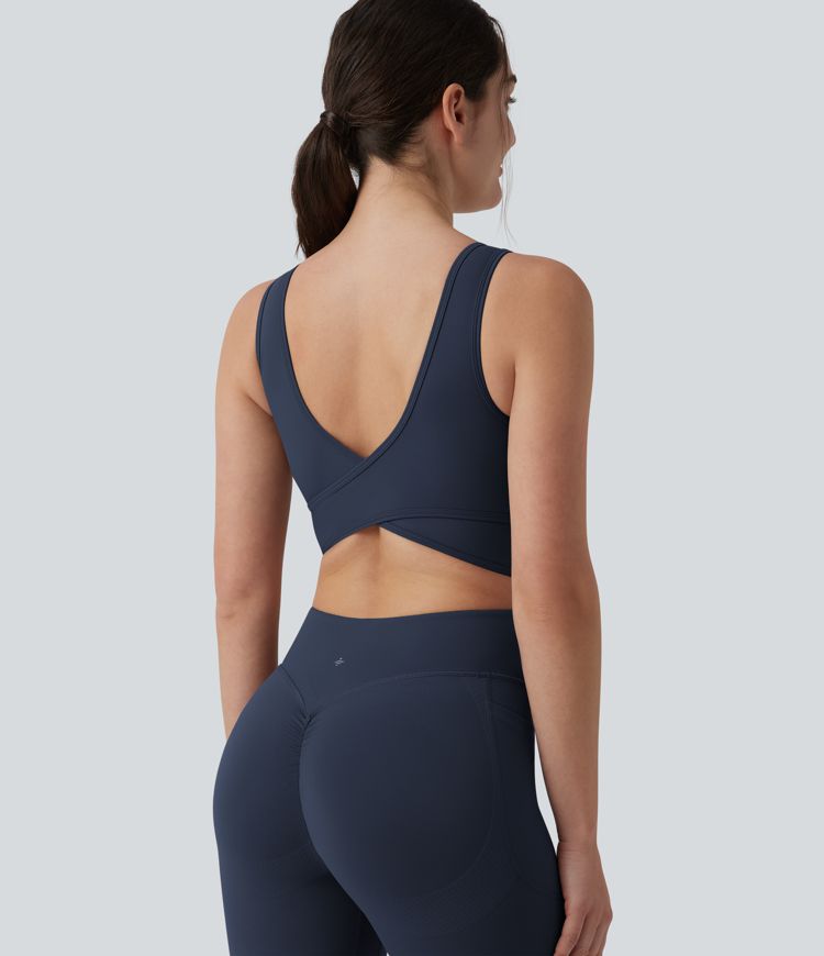 Halara UltraSculpt™ Crisscross Backless Tummy Control Butt Lifting Scrunch Non-Removable Pad Workout Flare Jumpsuit with Pockets-Easy Peezy