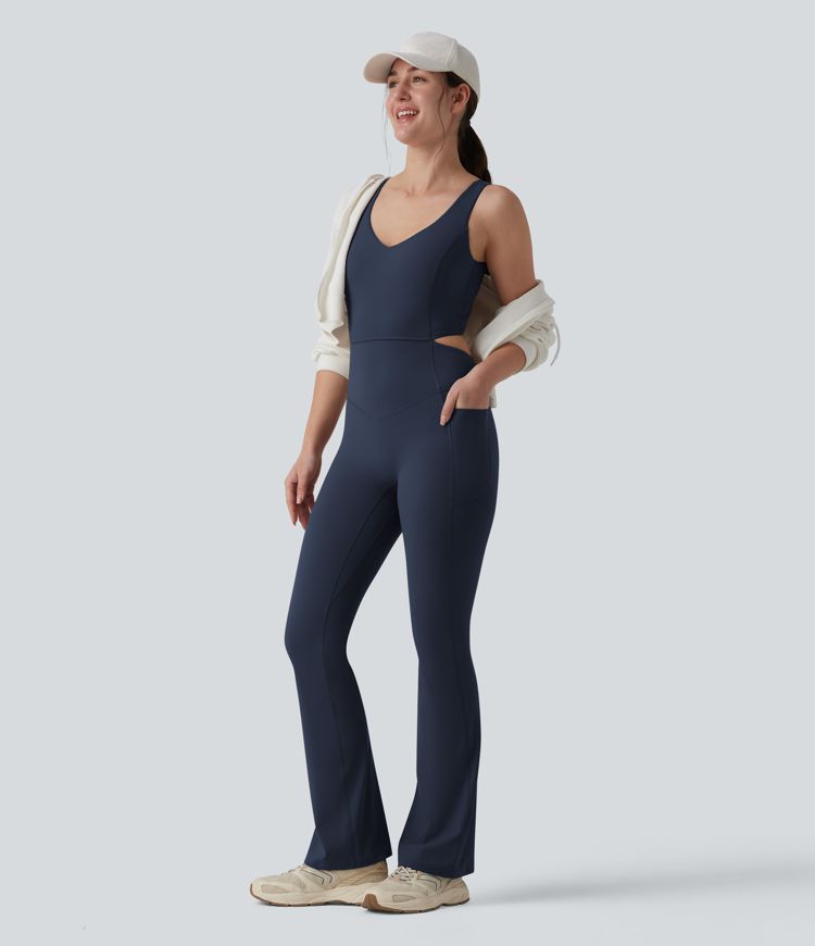 Halara UltraSculpt™ Crisscross Backless Tummy Control Butt Lifting Scrunch Non-Removable Pad Workout Flare Jumpsuit with Pockets-Easy Peezy