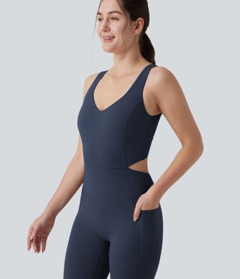 Halara UltraSculpt™ Crisscross Backless Tummy Control Butt Lifting Scrunch Non-Removable Pad Workout Flare Jumpsuit with Pockets-Easy Peezy