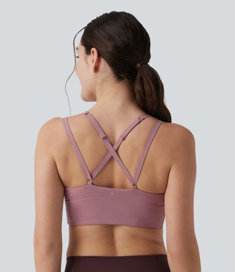 Joga sportinė liemenėlė su maža parama, kryžmine atvira nugara ir reguliuojamomis petnešėlėmis, su suraukta įsiūta liemenėle, vėsus prisilietimas, greitai džiūsta, UPF50+