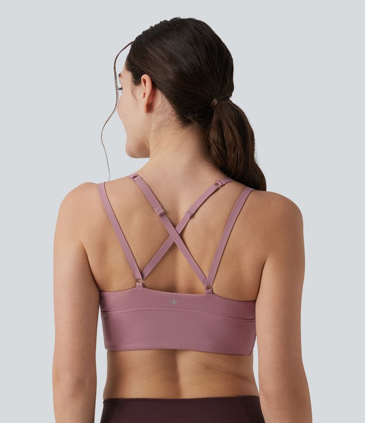 Joga sportinė liemenėlė su maža parama, kryžmine atvira nugara ir reguliuojamomis petnešėlėmis, su suraukta įsiūta liemenėle, vėsus prisilietimas, greitai džiūsta, UPF50+