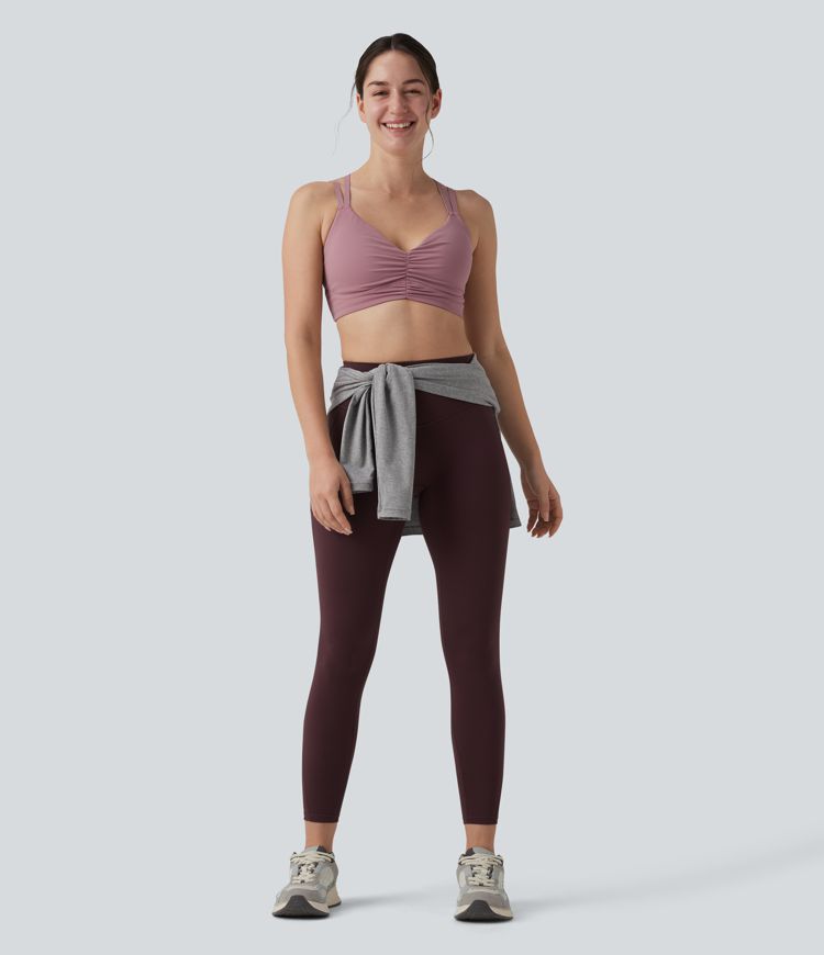 Joga sportinė liemenėlė su maža parama, kryžmine atvira nugara ir reguliuojamomis petnešėlėmis, su suraukta įsiūta liemenėle, vėsus prisilietimas, greitai džiūsta, UPF50+