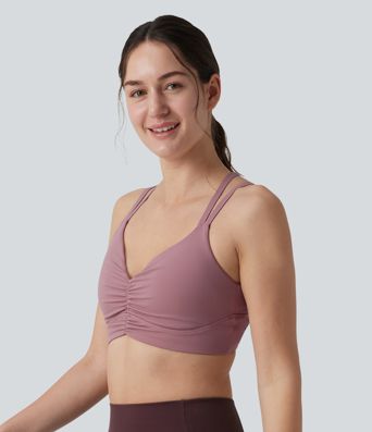 Joga sportinė liemenėlė su maža parama, kryžmine atvira nugara ir reguliuojamomis petnešėlėmis, su suraukta įsiūta liemenėle, vėsus prisilietimas, greitai džiūsta, UPF50+
