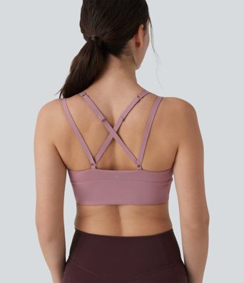 Joga sportinė liemenėlė su maža parama, kryžmine atvira nugara ir reguliuojamomis petnešėlėmis, su suraukta įsiūta liemenėle, vėsus prisilietimas, greitai džiūsta, UPF50+