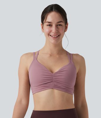 Joga sportinė liemenėlė su maža parama, kryžmine atvira nugara ir reguliuojamomis petnešėlėmis, su suraukta įsiūta liemenėle, vėsus prisilietimas, greitai džiūsta, UPF50+