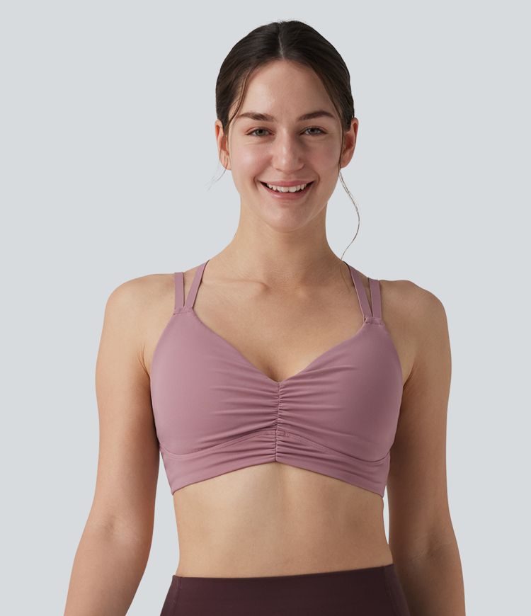 Joga sportinė liemenėlė su maža parama, kryžmine atvira nugara ir reguliuojamomis petnešėlėmis, su suraukta įsiūta liemenėle, vėsus prisilietimas, greitai džiūsta, UPF50+