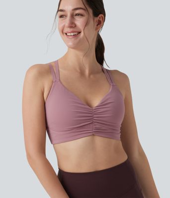 Joga sportinė liemenėlė su maža parama, kryžmine atvira nugara ir reguliuojamomis petnešėlėmis, su suraukta įsiūta liemenėle, vėsus prisilietimas, greitai džiūsta, UPF50+