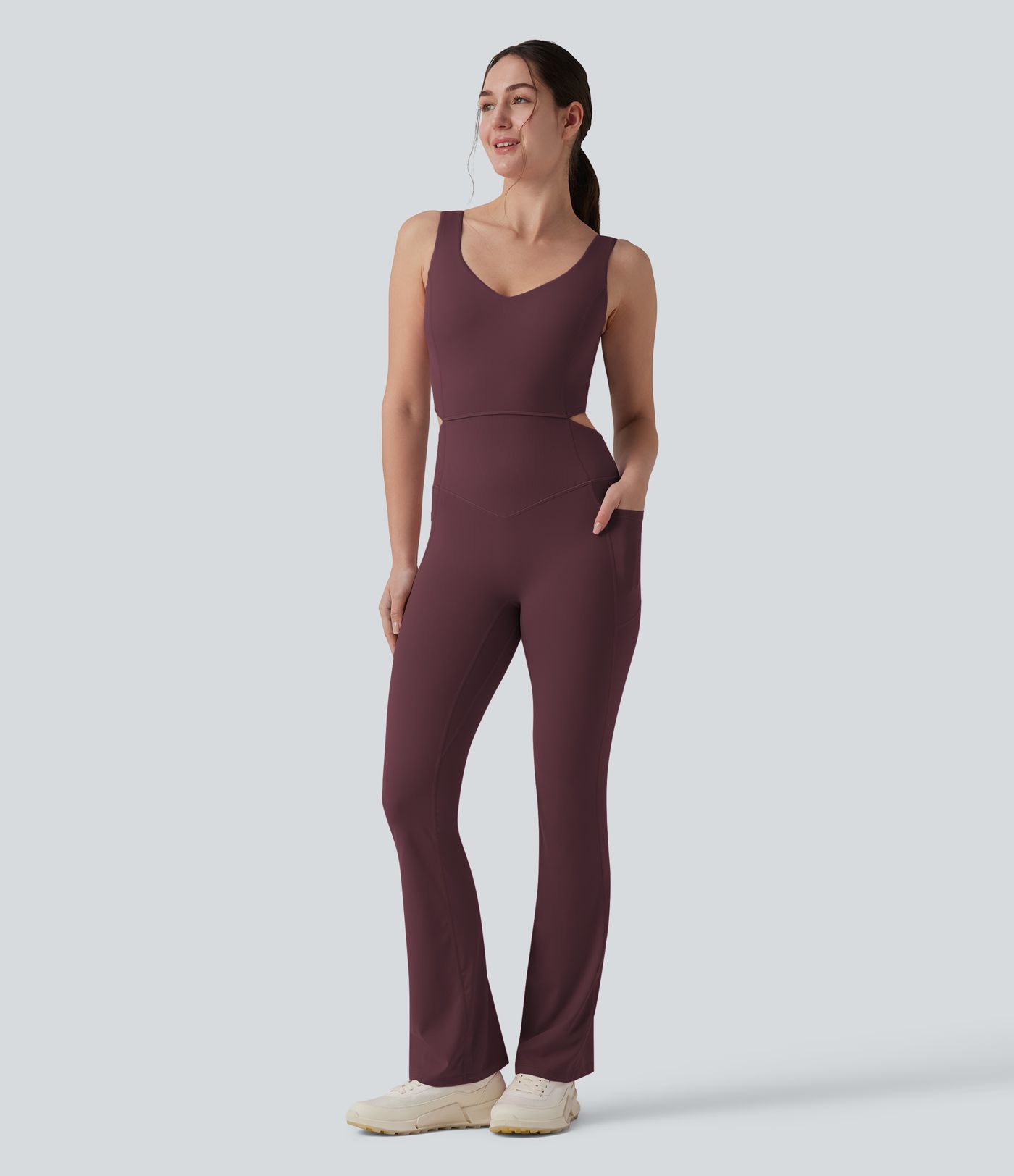 Halara UltraSculpt™ Crisscross Backless Tummy Control Butt Lifting Scrunch Non-Removable Pad Workout Flare Jumpsuit with Pockets-Easy Peezy